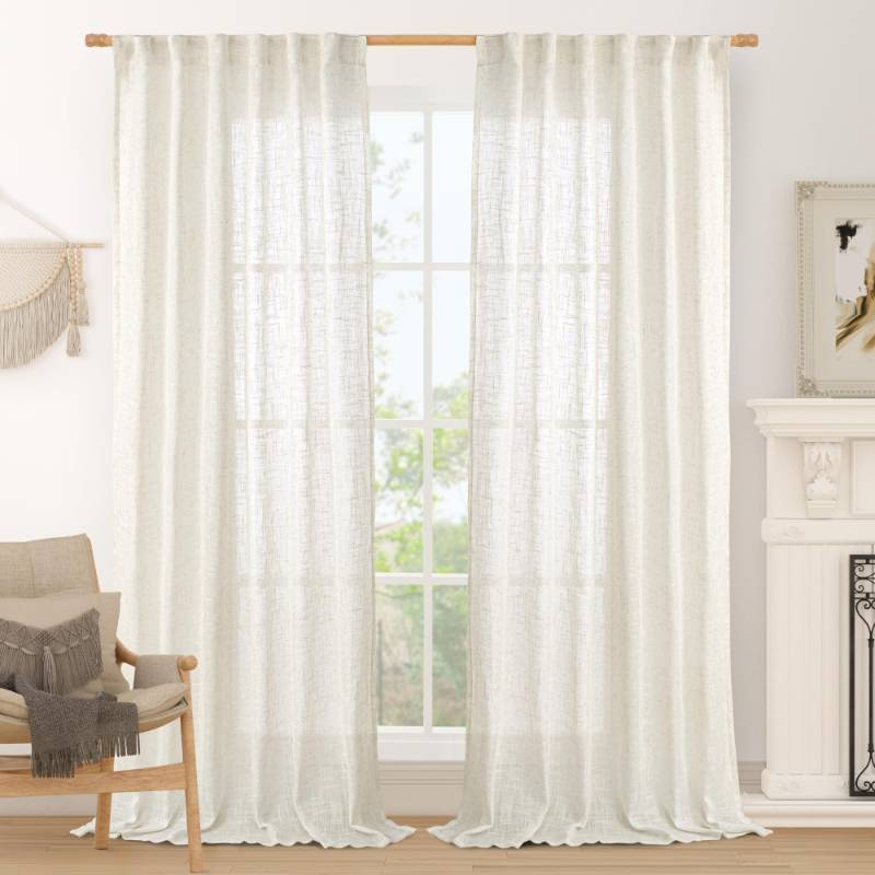 lot 61558 image: LAMIT 108 inch Semi Sheer Linen Curtains for Living Room, Back Tab and Rod Pocket Cream Curtains Light Filtering Country Rustic Neutral Drapes for BedroomFarmhouse, 2 Panels, 52 x 108 Inch - Retail $40