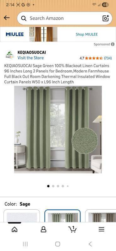 lot 61584 image: Sage Green Blackout Linen Curtains - Retail $45