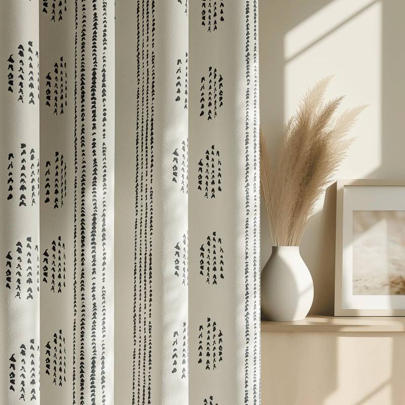 lot 61585 image: Ugoutry 100% Boho Blackout Curtains 96 Inches Long for Bedroom, Black on Beige Patterned Bohemian Curtains for Living Room, Geometric Striped Thermal Insulated Window Drapes Gromment Top 2 Panels - Retail $38