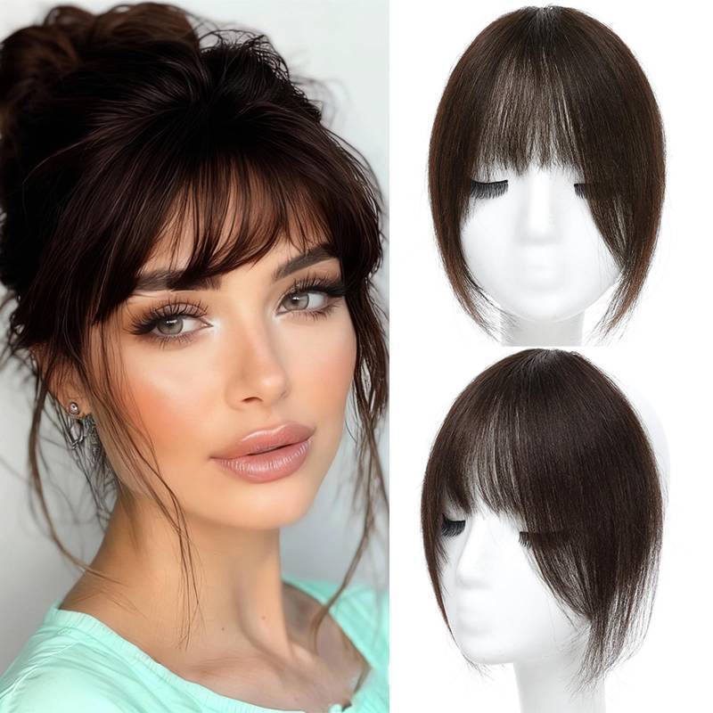 lot 61626 image: HAITOO Clip in Bangs, 100% Real Human Hair French Fake Bangs Hair Clip for Women Dark Brown Natural Curtain Fringe with Temples Hairpieces for Daily Wear French,Dark Brown - Retail $20