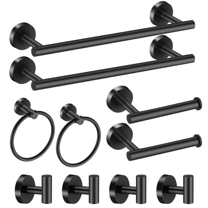 lot 49650 image: Hinmood Bathroom Hardware Set Black 10 Pieces, Towel Bar Set Matte Black Stainless Steel Towel Rack Set Includes 2PCS 16 Towel bar, 4PCS Towel Hooks, 2PCS Toilet Paper Holder and 2PCS Towel Ring - Retail $43