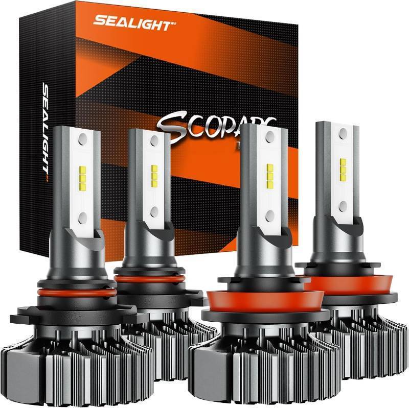 lot 26644 image: SEALIGHT H11 9005 Fog Bulbs, Ultra 1000% Brighter, 64000LM 60W 6500K Cool White, 11 Size to Stock Bulbs, Fanless No Noise Self-Cooling Design, Plug & Play Within 3 Minute, Pack of 4 - Retail $83