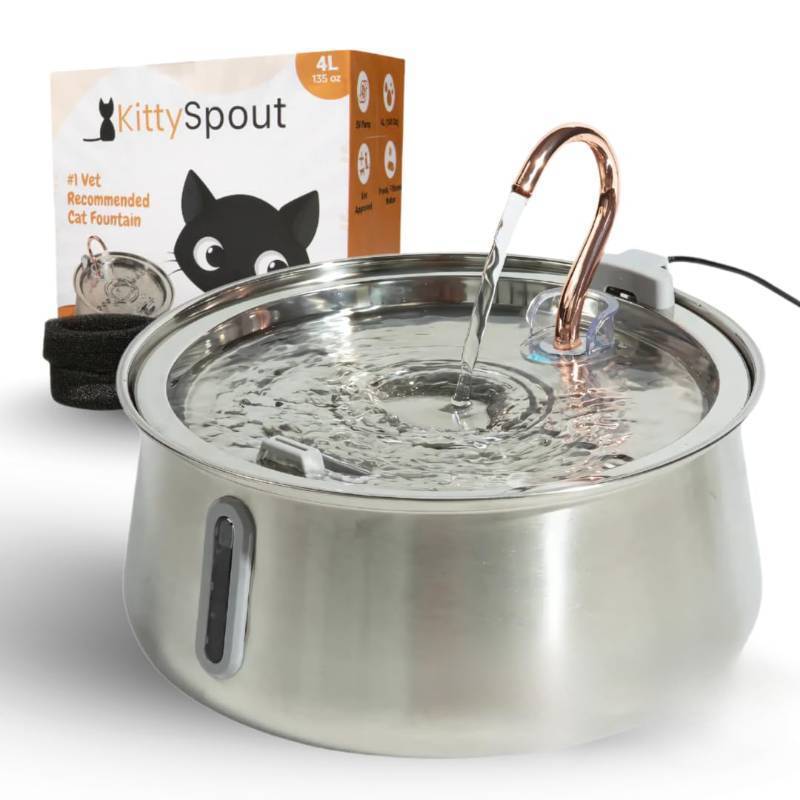 lot 59896 image: KittySpout Stainless Steel Cat Water Fountain Automatic Drinking Fountain, Quiet Circulating Water Bowl, Dishwasher Safe, Indoor Pet Fountain for Hydrated Healthy Cats (Stainless Steel, 4L Corded) - Retail $70