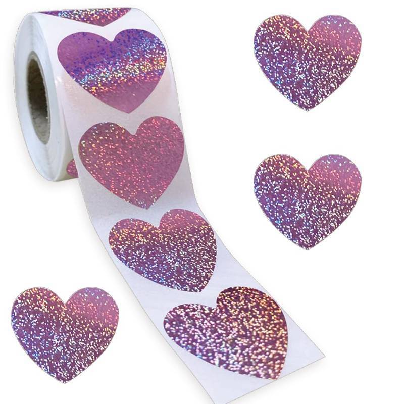 lot 40789 image: Purple Heart Shaped Stickers Roll 1in Metallic Sparkling Stickers Self Adhesive Waterproof Reflective Heart Sticker Love Decorative Labels for Valentines Day Envelopes Decor - Retail $6