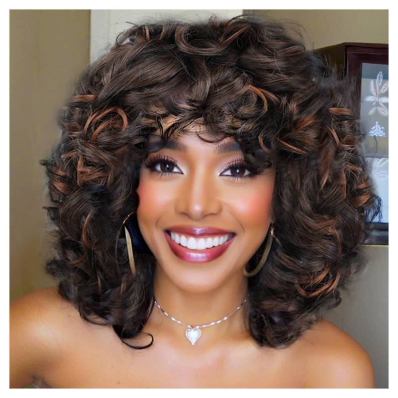 lot 27003 image: Traqur Short Curly Wigs with Bangs for African American Women, Loose Curly Wavy Hair Wigs for Black Females, Daily Party Halloween Cosplay Use (1B30) - Retail $13