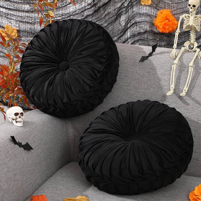 lot 50146 image: Beeveer 2 Pcs Round Throw Pillows 15 Inch Decorative Velvet Pleated Pumpkin Floor Boho Pillows for Living Room Couch Chair Bed Sofa (Black) - Retail $33