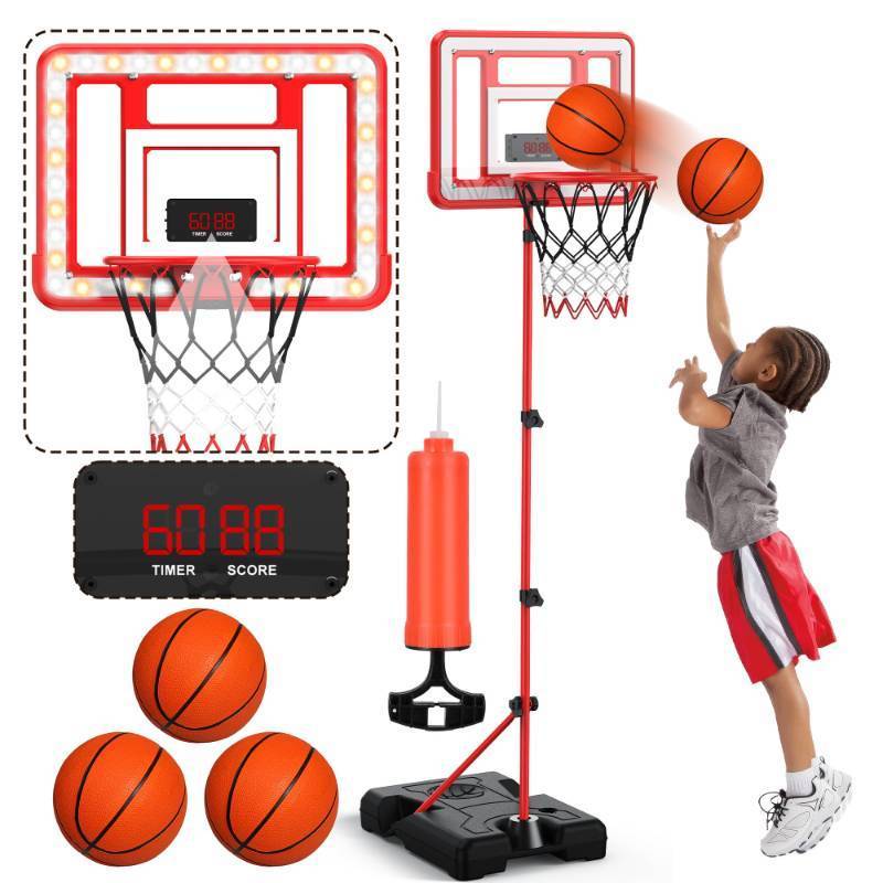 lot 50203 image: Kids Indoor Basketball Hoop with Scoreboard & Timer,Toddler Adjustable Height Basketball Goal Toy for Outdoor Backyard,Sports Game Play (Red Stand) - Retail $38
