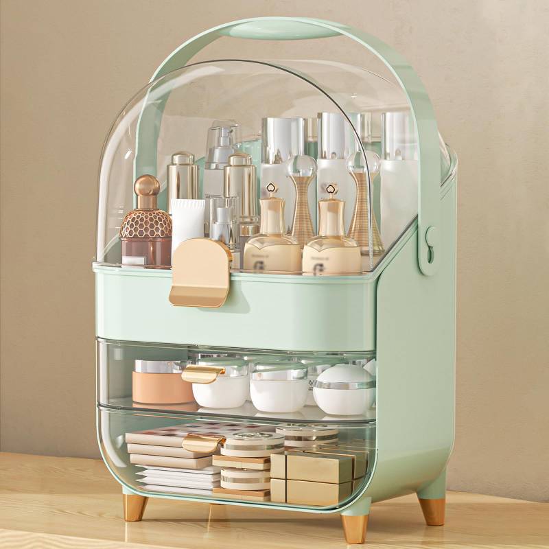 lot 50273 image: Makeup Organizer Countertop, Skincare Holder Bathroom Counter Organizer, Storage Box Cosmetic Display Cases, Teen Girl Gifts Make up Organizers for Vanity, Dresser (Green) - Retail $42