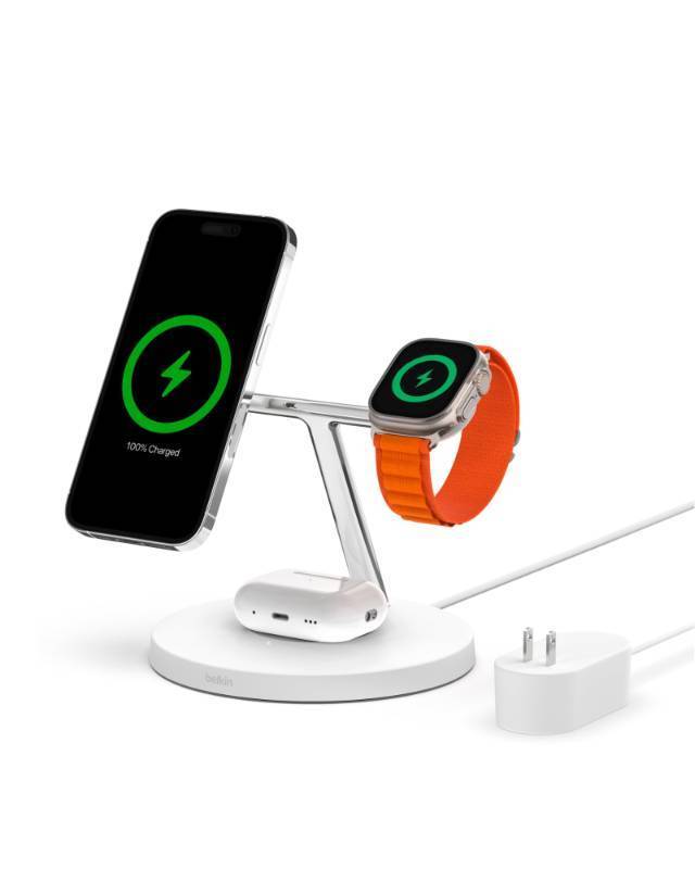 lot 50338 image: Belkin MagSafe Charger, 3-in-1 Wireless Charging Stand, 2ND GEN, 33% Faster for Apple Watch, iPhone 16, iPhone 15, iPhone 14 Series, AirPods - MagSafe Charging Station for Multiple Devices - White