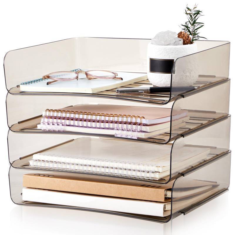 lot 26869 image: Harloon 4 Tier Acrylic Paper Tray 13 x 9.8 x 3 Inches Stackable Letter Clear Organizer No Need to Assemble Acrylic Paper Organizer File Tray for Office Workspace Desktop Storage (Transparent Gray) - Retail $29