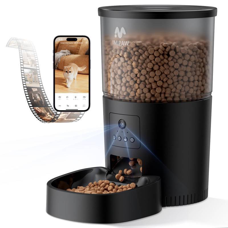 lot 27040 image: IMIPAW Automatic Cat Feeder with Camera - AI Pet Recognition & Recording, Night Vision, 5G WiFi APP Remote Control, Two-Way Audio & Desiccant Bag, Timed Programmable Food Dispenser for Small Pets - Retail $52