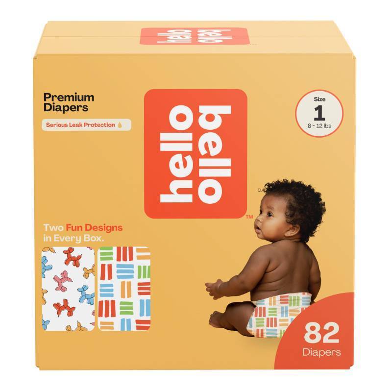 lot 22569 image: Hello Bello Premium Diapers Size 1, Balloon Buddies & Crosshatch Cuties Designs, 82ct Club Box - Retail $20
