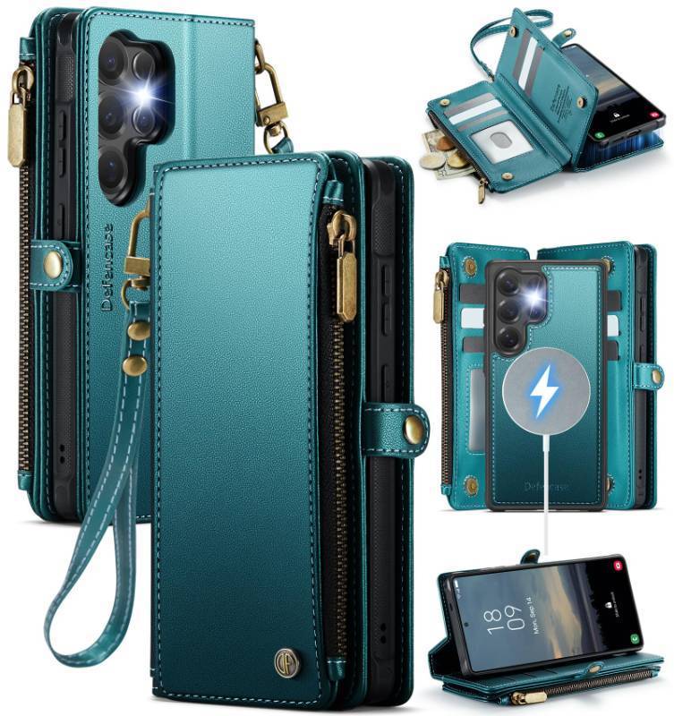 lot 33202 image: Defencase for Samsung Galaxy S25 Ultra Magnetic Wallet Case Compatible with Magsafe with RFID Blocking Zipper & Card Holder Women, PU Leather Detachable Phone Case for Galaxy S25 Ultra 6.9, Blue Green - Retail $33