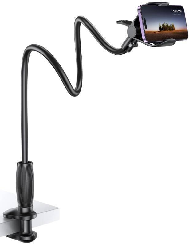 lot 29749 image: Lamicall Gooseneck Phone Holder for Bed - Upgraded Stable Clip for Desk, Headboard, Bed, Bedside, Table, Flexible Gooseneck Long Arm Stand, Overhead Cell Phone Clamp Mount, Gift for All 4-7 Device - Retail $20