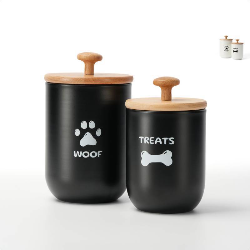lot 49574 image: OTTENON Dog Treat Container Set of 2, Dog treat jar with Airtight Lid, Small dog food container, Dog Cookie Jar for kitchen Counter, Treats Canister, Pet Treat Container 8.3x4.9 & 7.1x4.3 (Black) missing the small lid