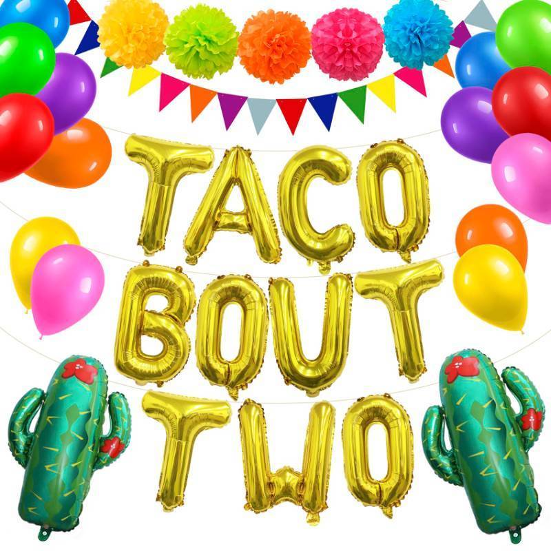 lot 50865 image: Taco Bout Two Balloons Banner - Taco Twosday & Cinco De Mayo Birthday Party Decorations