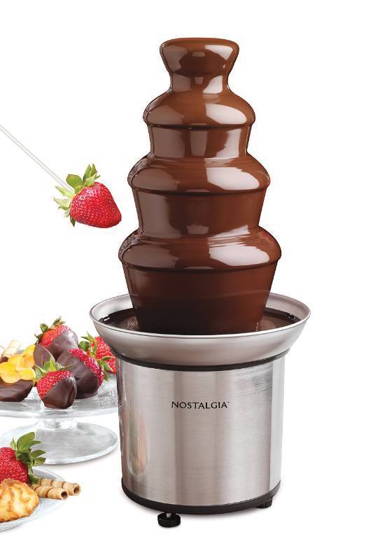 lot 58499 image: Nostalgia 4 Tier Electric Chocolate Fondue Fountain Machine for Parties - Melts Cheese, Queso, Candy, and Liqueur - Dip Strawberries, Apple Wedges, Vegetables, and More - 32-Ounce - Stainless Steel - Retail $58