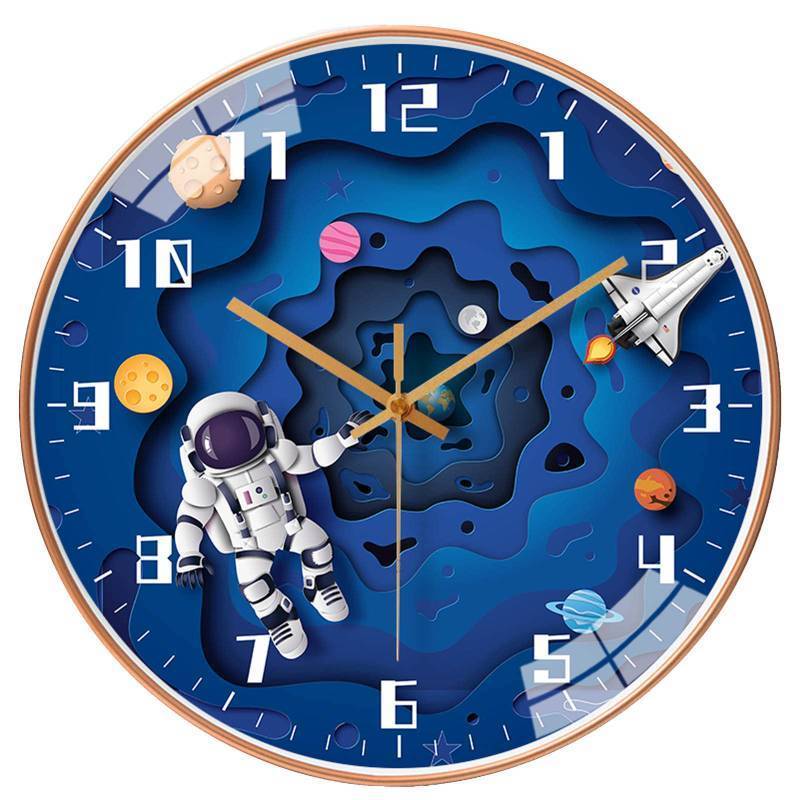 lot 44550 image: QINFIEY 12 Inch Silent Movement Kids Wall Clock, Non Ticking Children Round Wall Clock Battery Operated Space Travel Style Decor Children Clock for School Boys Bedroom Living Room Space Decor (Blue) - Retail $20
