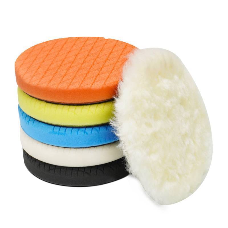 lot 50903 image: Autolock 5 Buffing Polishing Pads, 6Pcs 5.6inch 140mm Face for 5 Inch Backing Plate Compound Buffing Sponge and Woolen Pads Cutting Polishing Pad Kit for Car Buffer Polisher, Polishing and Waxing - Retail $21