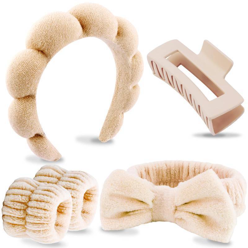 lot 50917 image: VELSCRUN Spa Headbands for Wash Face, Makeup Headband, Facial Skincare Headbands, 5 Pcs Khaki Puffy Sponge Spa Headband Bow Tie Hair Band Hair Clips Wristband Set Women Girls Accessories - Retail $9