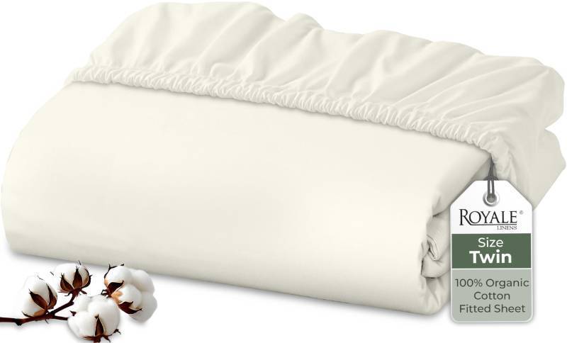 lot 58590 image: Royale Linens 100% Organic Cotton Fitted Sheet - Percale Weave - Super Soft Deep Pocket Bottom Sheets - Ivory Elastic Sheet Twin Size - Twin Fitted Sheets Only - (39x7515, Ivory) - Retail $17
