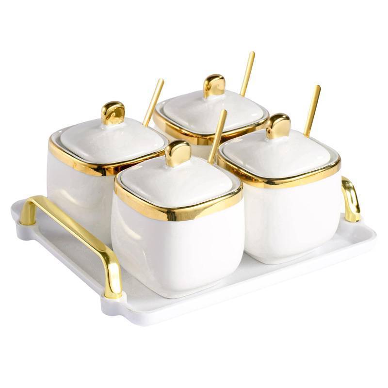 lot 22689 image: EABOSON 4 Pack Gold Condiment Spice Jars with Lids, Spoons, Tray - Ceramic Seasoning Box Set for Salt, Pepper, Sugar - Kitchen Storage - Retail $27