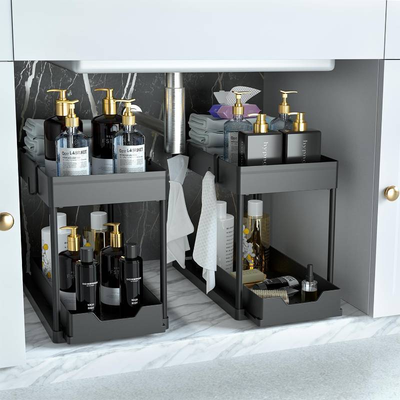 lot 58798 image: DEKAVA Under Sink Organizer 2 Pack, Bathroom Cabinet Organizer, 2 Tier Sliding Cabinet Basket Organizer Drawer, Multi-Purpose Bath Collection Baskets for Bathroom (Black) - Retail $30