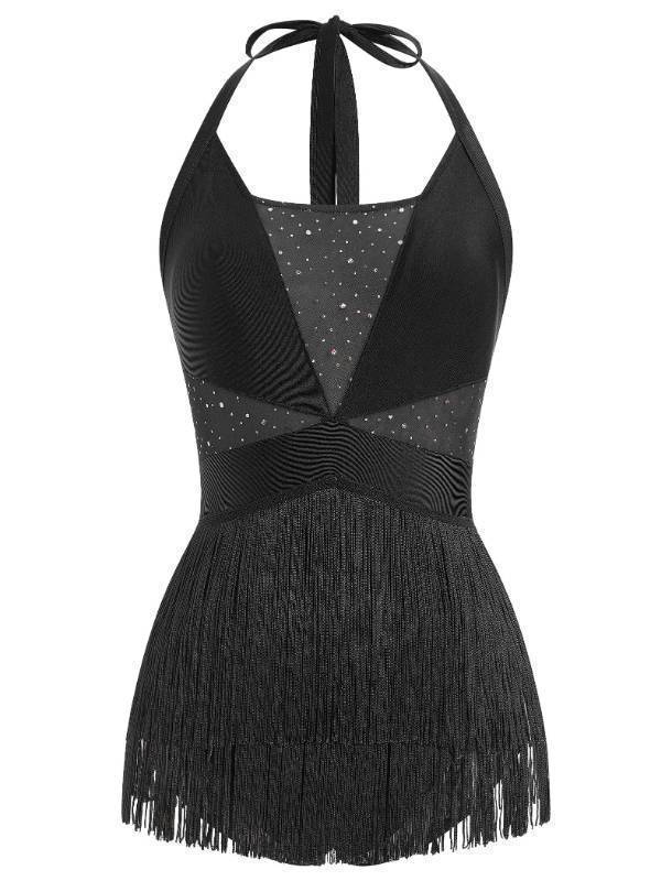 lot 29388 image: Jazz Dance Costume for Women Sexy Fringe Bodysuit Romper Rhinestone Tassel Latin Dance Dress Ballroom Trapeze Artist Circus Acrobat Pole Dancing Carnival Rave Outfits Fringe Leotard Jumpsuit Black M