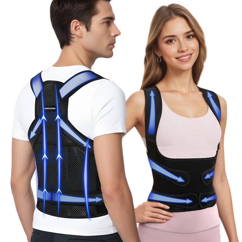 lot 51613 image: SORUICHORE Posture Corrector for Women & Men,2-in-1 Back Brace with Shoulder Support, Adjustable Full Back Straightener for Upper & Lower Back Pain Relief, Hunchback,Scoliosis & Spine Alignment - Retail $28