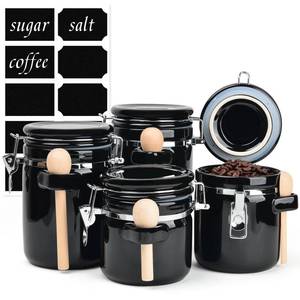 lot 16921 image: ZEBERBO 4-Piece Airtight Ceramic Canisters Set with Wooden Spoons & Chalk Labels Perfect for Coffee, Sugar, Flour, Tea (Black) Stylish & Leakproof Kitchen Storage