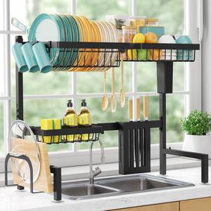 lot 32098 image: Sakugi Over The Sink Dish Drying Rack - Adjustable 2 Tier Large Capacity Stainless Steel Drainer with Cutlery & Utensil Holders, Kitchen Storage & Organization, 30-33.9 L x 11 W x 21.5 H, Black - Retail $30