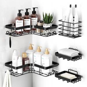 lot 32113 image: Sakugi Corner Shower Caddy - 5-Pack Shower Organizer with Soap Holder & Toothbrush Holder, Rustproof Metal Shower Shelves, Laundry, Kitchen, Bathroom Organizers and Storage Solution, Large, Black - Retail $30