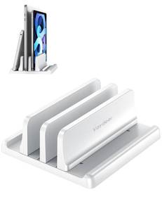 lot 32122 image: Vaydeer Vertical Laptop Stand for Desk, Dual Slots Plastic Laptop Holder Organizer with Space Saving 4-in-1 Design, Adjustable Laptop Stand Storage Supports MacBook, Chromebook, Surface, Dell (White) - Retail $13