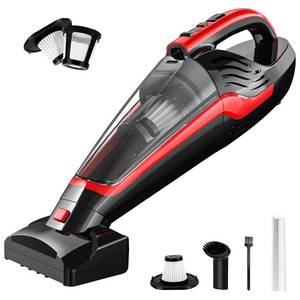 lot 32125 image: Powools Pet Hair Handheld Vacuum Cordless, Car Vacuum Rechargeable with Reusable Filters, Motorized Brush and Multi-Accessories for Carpet, Couch & Stairs, Red, 17.0X 4.6X 6.6 used see photo  - Retail $50