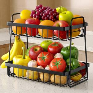 lot 32152 image: Sakugi Fruit Basket for Kitchen Counter - 2-Tier Fruit Bowl with Removable Banana Hanger & Handles, Rustproof Fruit Holder for Kitchen, Living Room, Bathroom, 13.4x8.7x11.7, Black - Retail $15