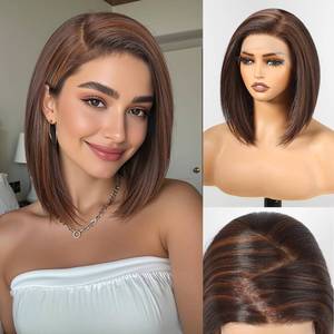 lot 32157 image: HAIRCUBE 13x6 HD Synthetic Lace Front Wig, 10 Inch Brown with Highlight Bob Wig Natural Density Hairline Straight Glueless Wig for Women Daily Use - Retail $50