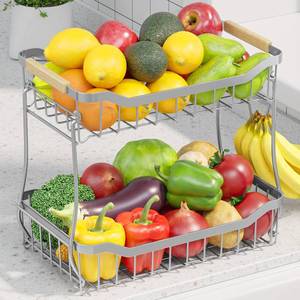 lot 32170 image: Sakugi Fruit Basket for Kitchen Counter - 2 Tier Detachable Fruit Vegetable Basket with Banana Hanger, Metal Countertop Fruit Stand with Wooden Handle, Silver, 8.5 D x 12.4 W x 12.3 H - Retail $10