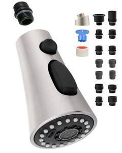 lot 32175 image: Universal Kitchen Faucet Head Replacement with 15 Adapter Kit Compatible with American StandardKohlerMoenDelta Faucets, 3 Function Pull Down Sink Faucet Spray Head, Brushed Nickel may be missing parts  - Retail $20