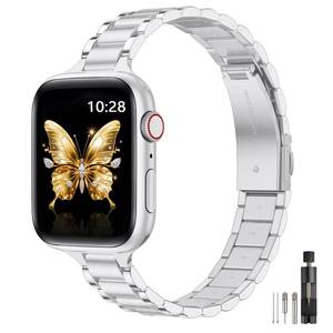 lot 41610 image: WFEAGL Thin Metal Bands Compatible with Apple Watch Band 46mm 45mm 44mm 49mm 42mm (Series 3 2 1) for Women, Slim Stainless Steel Wristbands for iWatch Ultra SE Series 11 10 9 8 7 6 5 4 (Silver) - Retail $19
