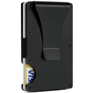 lot 41627 image: GOLRIDI Wallet for Men, Slim Minimalist Carbon Fiber Wallet with Metal Money ClipCash Strap, RFID Blocking Aluminum Card Holder,Matte Black - Retail $10