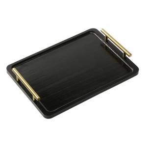 lot 41637 image: PEKER Wooden Serving Tray with Metal Handles, Black Decorative Coffee Table Tray for Breakfast in Bed, Ottoman & Home Decor, Wooden Food Tray for Kitchen, Living Room & Dining Table - Retail $9