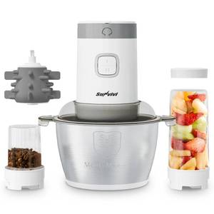 lot 43829 image: SUNVIVIPRO Electric Blender and Food Processor Combo 4 in 1 Food Grinder for Grinding Meat Coffee, Peeling Garlic & Juicing, 350W Food Chooper with 1.8L Stainless Steel Bowl & 2 Cups, 2 Speed, White - Retail $70