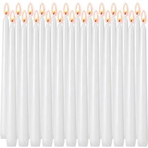 lot 43831 image: 10 Inch White Taper Candles 24 Pack Bulk, Unscented Elegant Dinner Candles for Church, Wedding, Valentines Day, Emergency, Holidays, 7-8 Hour Clean Burning Paraffin Wax for Candelabra and Holders - Retail $13