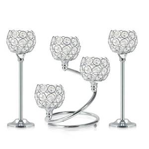 lot 48706 image: KEHAIL Silver Metal Crystal Candle Holder Set of 3 - Elegant 5-Arm Metal Tea Light Centerpiece with Shining Crystal Bowl, Wedding Anniversary Table Decor for Dining, Party - Retail $29
