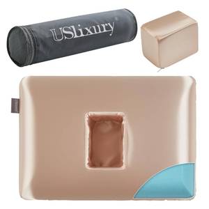 lot 48709 image: USlixury Ear Piercing Pillow with Foam Plug, Ear Plilow with Off Center and 4.7X3.2 Ear Hole, Soft CertiPUR-US Memory Foam, Piercing Plilow for Side Sleepers, Satin, Champagne, 16X11X4 - Retail $27