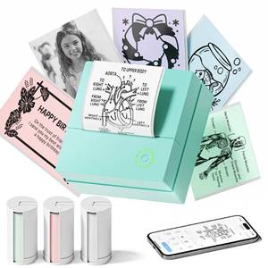 lot 48722 image: TYPONOS Sticker Printer, PM290 Mini Printer, Bluetooth Sticker Maker Machine with 3 Rolls Paper, Smart AI APP, Portable Print Pod for Study Note, Picture, List, DIY Gifts for School Office Home, Green - Retail $20