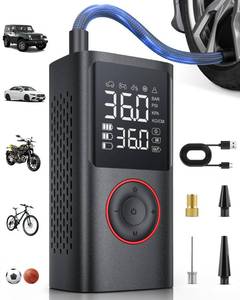 lot 48725 image: Powools Tire Inflator Portable Air Compressor, 150 PSI Cordless Bike Pump, Air Pump for Auto, Motorcycle, Bicycle, Balls with Pressure Gauge, LED Light & Car Accessories, Black, Standard Capacity - Retail $30