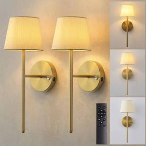 lot 48742 image: NEWSEE Gold Wall Sconces Set of Two, Small Rechargeable Battery Operated Wall Lamp with Remote, 5200mAh Cordless Wall Lights with Fabric Shade for Bedroom, Bedside, Nursery, Kitchen, Night Light - Retail $33