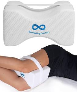 lot 48754 image: Everlasting Comfort Memory Foam Knee Pillow for Side Sleepers Sciatica Pain Relief Pillow, Removable Strap Support Leg Pillows for Sleeping Alignment, Knees, Back & Hip Cushion - Retail $34