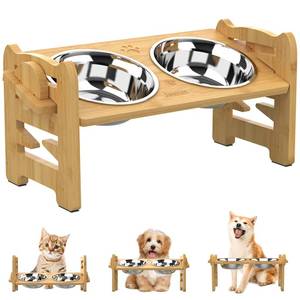 lot 51109 image: Jovrun Elevated Dog Bowls, Adjustable Raised Dog Bowl Stand for Small Size Dogs and Cats, 15°Tilted Elevated Cat Bowls, Durable Bamboo Dogs Feeder with 2 Stainless Steel Bowls and Non-Slip Feet - Retail $30